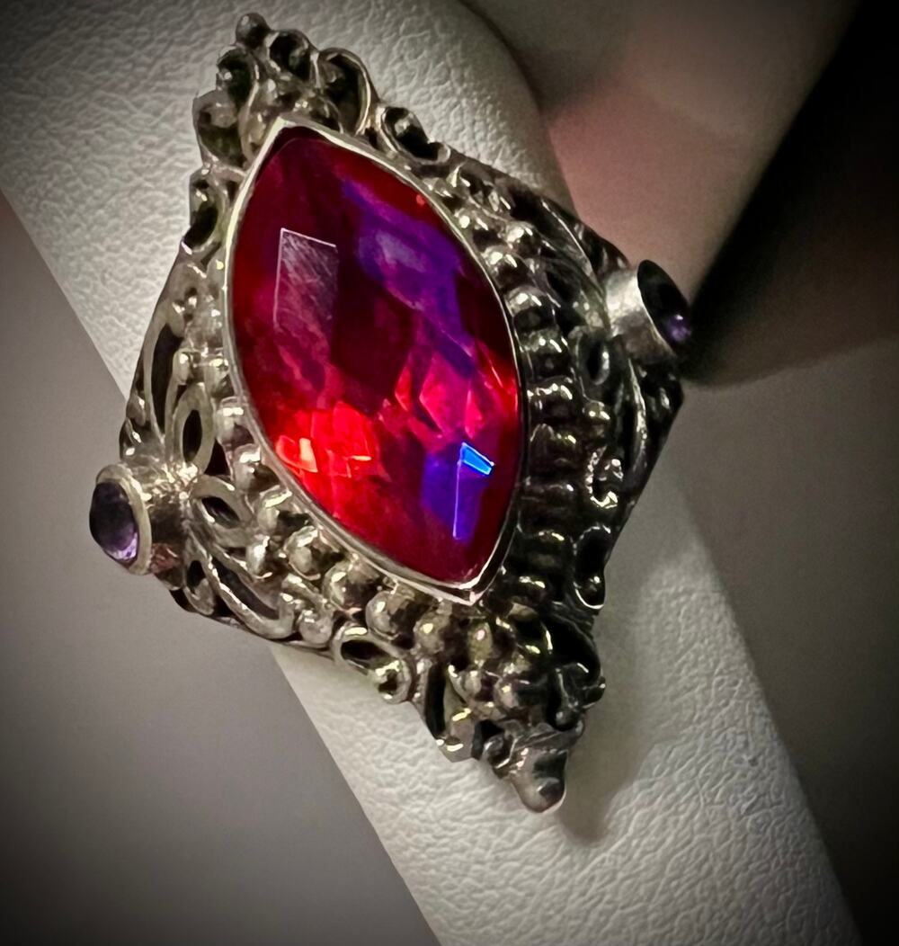 Large Lab created pigeons blood Spinel Artisan Statement Ring 925